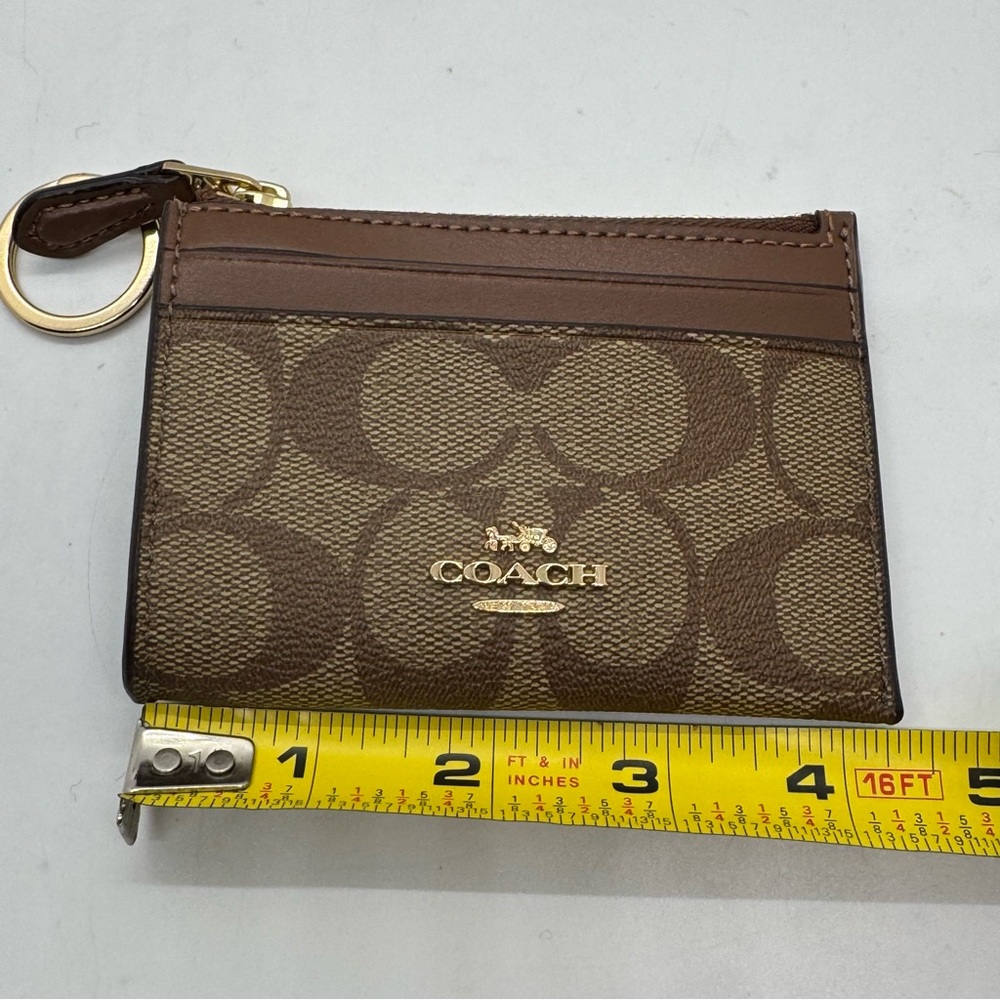 COACH Mini Skinny Id Case In Signature Canvas Card Brown Gold Wallet - Picture 5 of 12